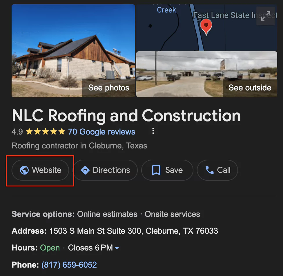 Roofing Google Business Profile Website Field